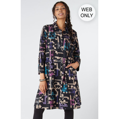 Nahila A-Line Button-Down Long Shirt - Black/Multi