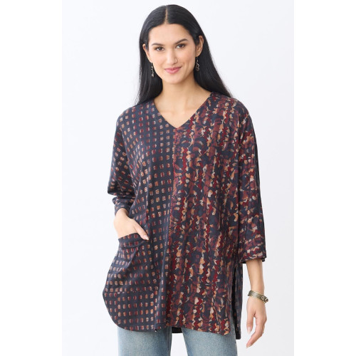 Sejal Cotton Jersey V-neck Oversized Tunic - Black/Multi