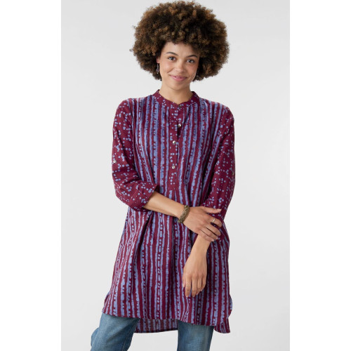 Yamini Roll-Sleeve Shirttail Kurta - Radicchio/Periwinkle