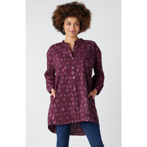 Chitrani Band Collar Oversized Shirt - Eggplant/Multi
