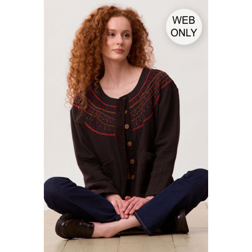 Amyra Cotton Double Gauze Embroidered Top - Black/Multi Amyra Cotton Double Gauze Embroidered Top - Black/Multi