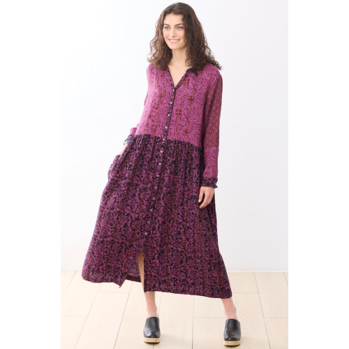 Ashrita Drop Waist Maxi Shirtdress - Black/Mulberry pink