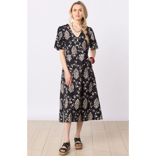 Narlai Short-Sleeve V-Neck Midi Dress - Black/Natural Narlai Short-Sleeve V-Neck Midi Dress - Black/Natural