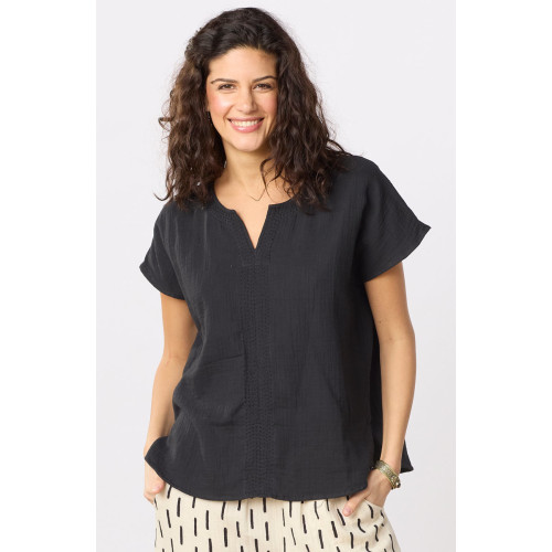 Isha Double Gauze Notch-Neck Top - Black