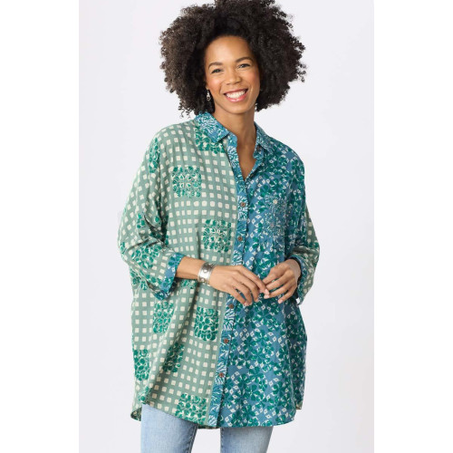 Mandvi Button-Down Oversized Shirt - Dusty teal/Multi Mandvi Button-Down Oversized Shirt - Dusty teal/Multi