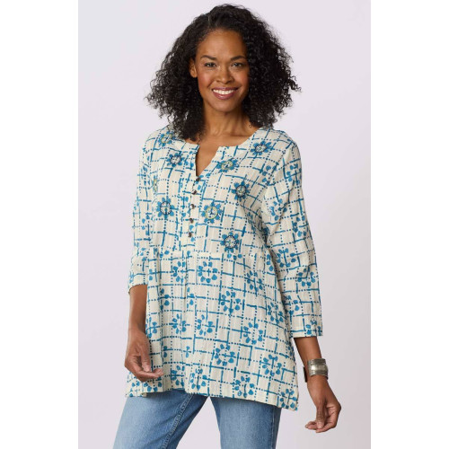 Naseera 3/4-Sleeve Notch-Neck Top - White/Blue Naseera 3/4-Sleeve Notch-Neck Top - White/Blue