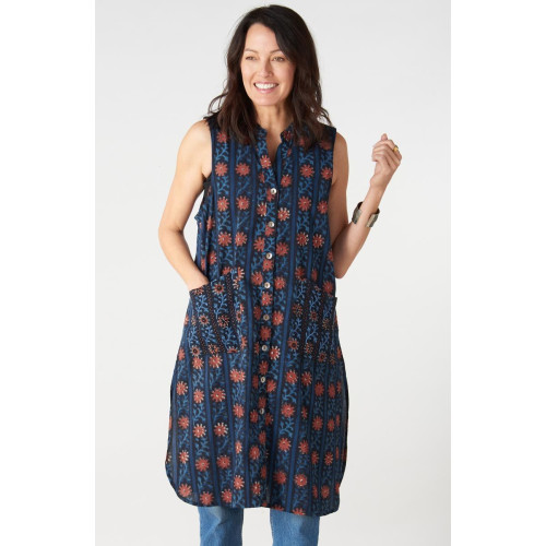Tanvi Sleeveless Button-Down Long Vest - Indigo/Multi Tanvi Sleeveless Button-Down Long Vest - Indigo/Multi