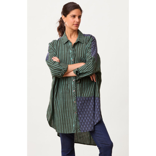 Hanifa Long-Sleeve High-Low Hem Big Shirt - Dusty teal/Multi Hanifa Long-Sleeve High-Low Hem Big Shirt - Dusty teal/Multi