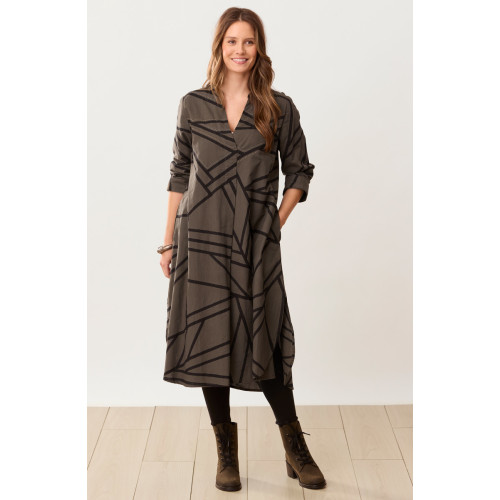V-Neck Long-Sleeve Kurta Midi Dress - Dark olive