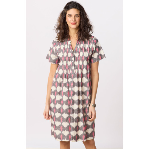 Anvita Short-Sleeve Pleated Shirtdress - Natural/Pink/Grey