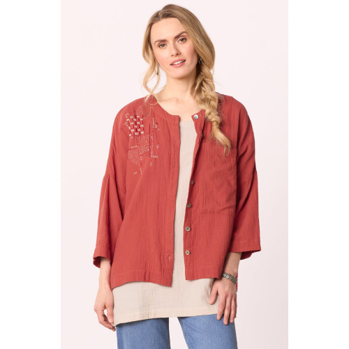 Rishra Cotton Double Gauze Embroidered Jacket - Fire red Rishra Cotton Double Gauze Embroidered Jacket - Fire red