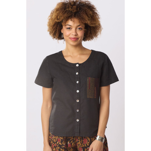 Meera Linen Cotton Short-Sleeve Button-Down Top - Black
