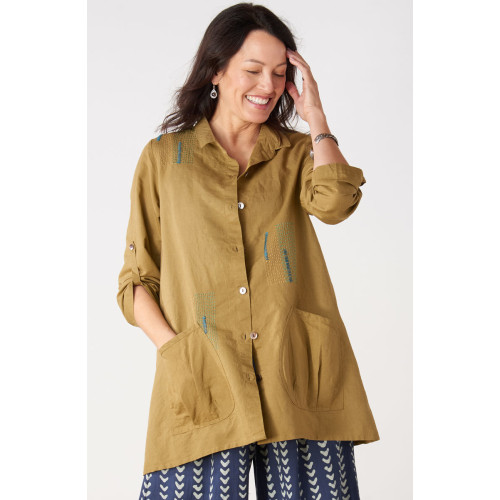 Trishna Linen Cotton Roll-Sleeve Shirt Jacket - Algae green