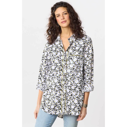 Aashna Organic Cotton High-Low Hem Button-Down Shirt - White/Black