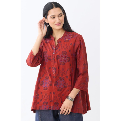 Riyana Organic Cotton Henley Tunic - Sunset red/Multi