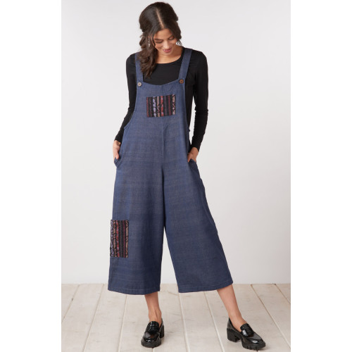Recycled Yarn Deepti Cropped Overalls - Dark denim/Chindi Recycled Yarn Deepti Cropped Overalls - Dark denim/Chindi