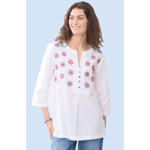 Naseera Notch Neck Embroidered Organic Top - White/Multi