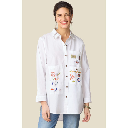 Aashna Organic Cotton High-Low Hem Button-Down Shirt - White