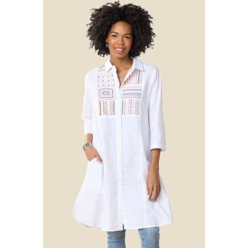 Yasira Organic Cotton Embroidered Long Shirt - White