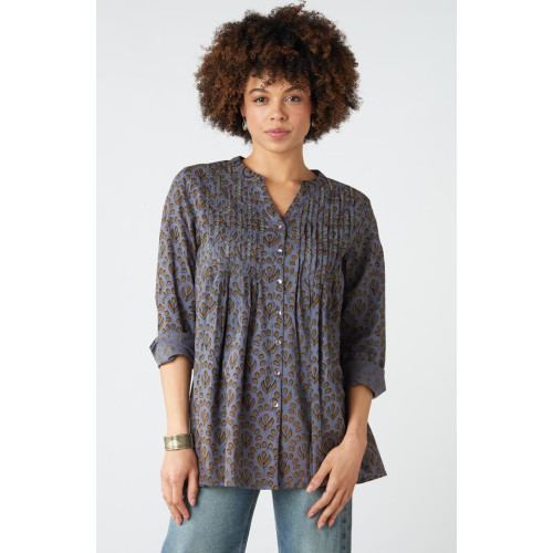 Vaishali Pleated Button-Down Tunic - Blue/Grey