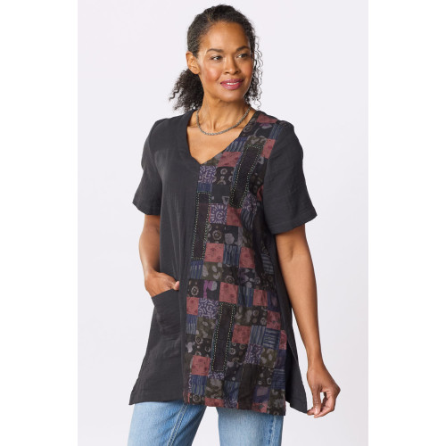 Rushila Upcycled Patchwork V-neck Tunic - Black/Chindi