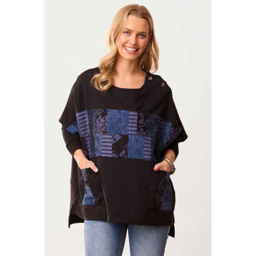 Rhea Organic Cotton French Terry Poncho - Black/Multi/Chindi
